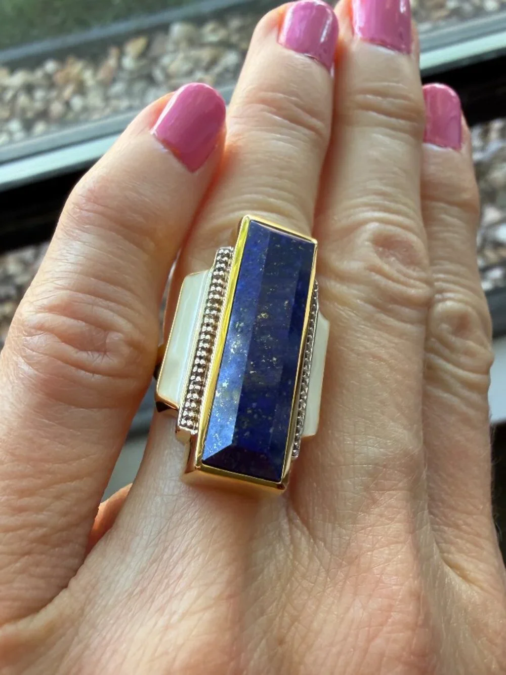 NIB WOW Art Deco Lapis & White Topaz Enamel in 18kt Gold Over Sterling - 5 -5.25